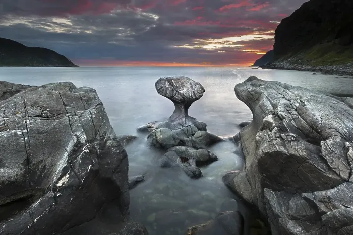 Framed Print : Kannestein or Kanne Stone with coastline at sunset