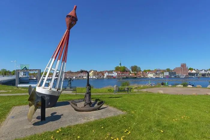 Framed Print : Kappeln, town view, buoy, anchor Framed Print : Kappeln, town view, buoy, anchor