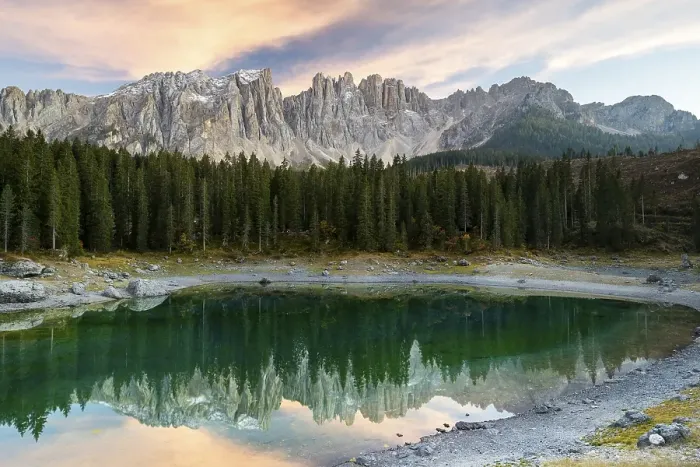 Framed Print : Karersee, Lago di Carezza, in front of Latemar Mountains Framed Print : Karersee, Lago di Carezza, in front of Latemar Mountains