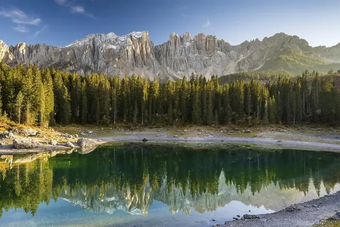 Framed Print : Karersee, Lago di Carezza, in front of Latemar Mountains