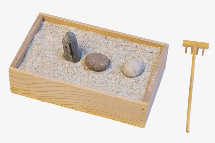 Framed Print : Karesansui, mini zen rocks gar den wih sand and rake