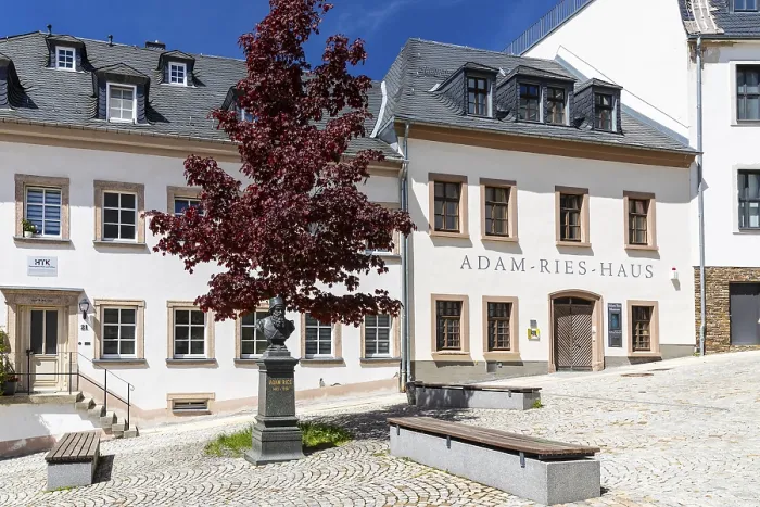 Framed Print : Karlsplatz with Adam Ries House and Memorial in Annaberg