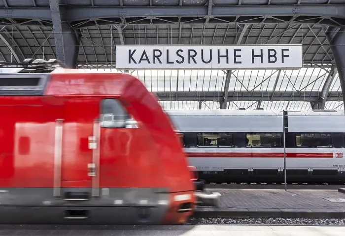 Framed Print : Karlsruhe main station with station sign and ICE