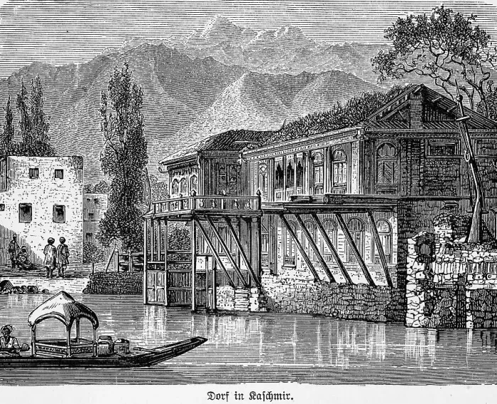 Framed Print : Kashmir, village view, pile dwelling