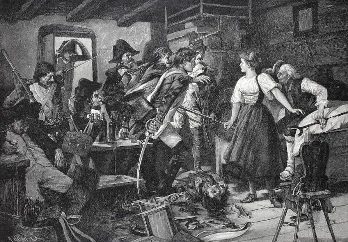 Framed Print : Kaspar Engelberger in Stans being defended by his daughter against the French Framed Print : Kaspar Engelberger in Stans being defended by his daughter against the French