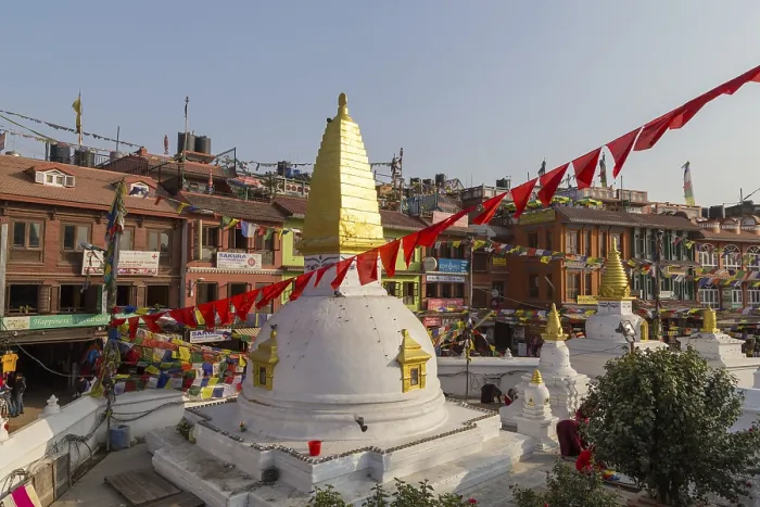 Framed Print : Kathmandu, Nepal, December 03, 2014: Small temple at the historic Boudhanath Stupa complex