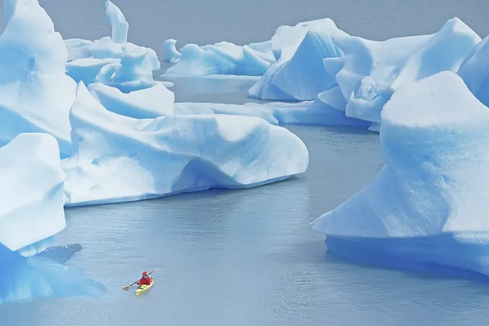 Framed Print : Kayaker on lake, icebergs on Lago Grey Framed Print : Kayaker on lake, icebergs on Lago Grey