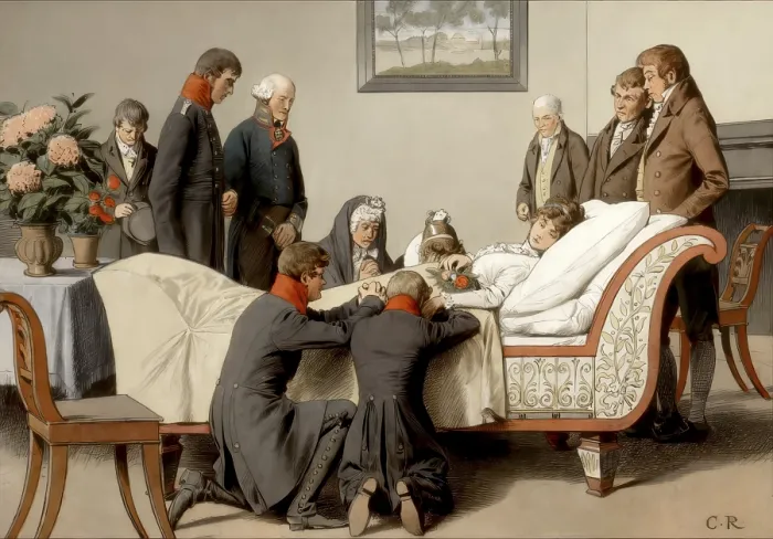 Framed Print : The king and his two eldest sons at the deathbed of the Queen in Hohenzieritz on the morning of July 19