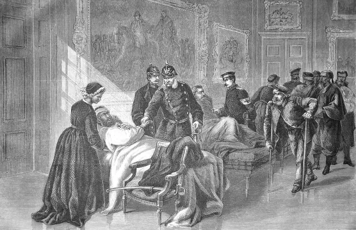 Framed Print : King William I visits the wounded in the military hospital of the Palace of Versailles