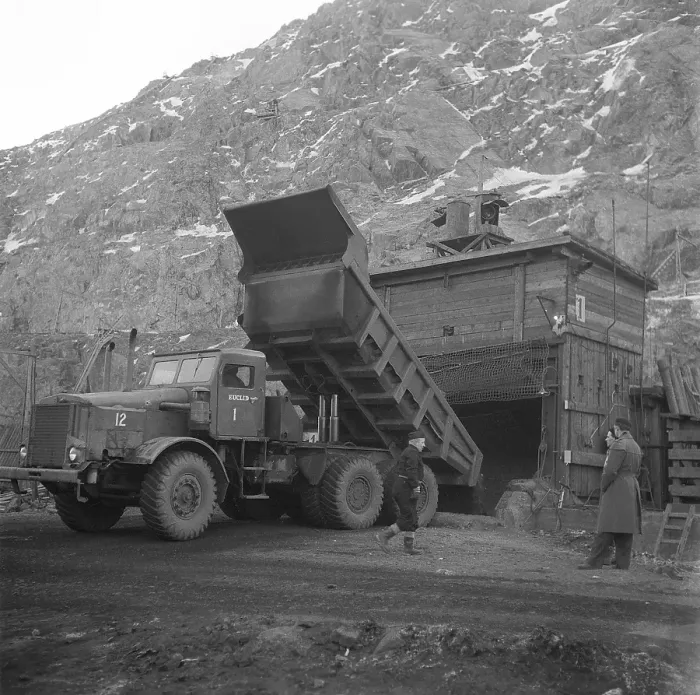 Framed Print : Kiruna Sweden in the 1950s. The Kiruna mine and a truck transporting the mined material