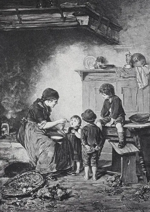 Framed Print : In the kitchen, mother feeding a child while two other children watch