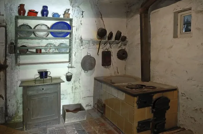 Framed Print : Kitchen with plate rack and cooker 1926 Framed Print : Kitchen with plate rack and cooker 1926