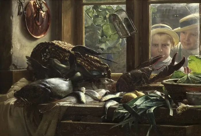 Framed Print : Kitchen table with fish and seafood