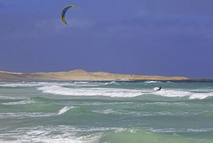 Framed Print : Kitesurfer, kiteboarder pulled by power kite at Rabil beach on the island Boa Vista