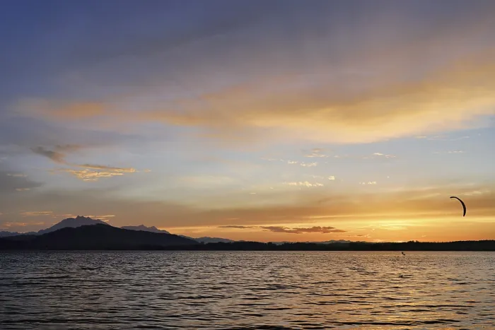 Framed Print : Kitesurfer on Lake Zug at sunset