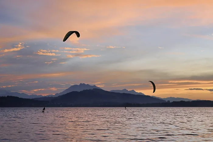Framed Print : Two kitesurfers on Lake Zug at sunset Framed Print : Two kitesurfers on Lake Zug at sunset