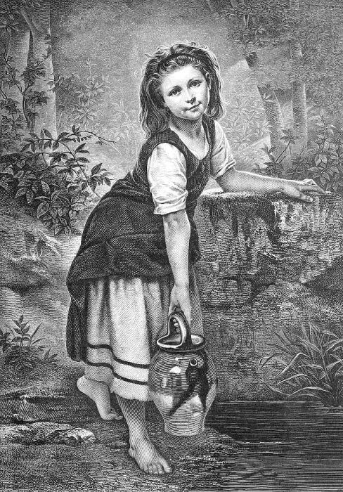 Framed Print : Kleines Maedchen holt mit dem Krug Wasser von der Quelle