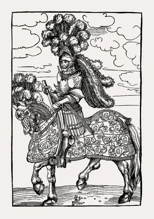 Framed Print : A knight on horseback in rich tournament armor by Lucas Cranach