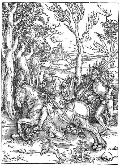 Framed Print : Knight and Landsknecht, woodcut by Albrecht Duerer