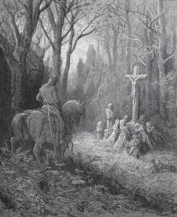 Framed Print : A knight returns to his family praying in front of the cross after the crusade