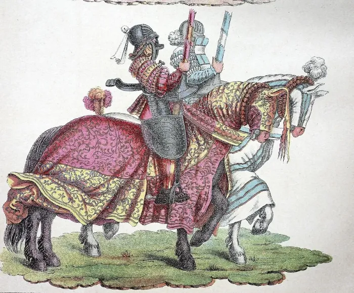 Framed Print : Knights on horseback marching to the tournament