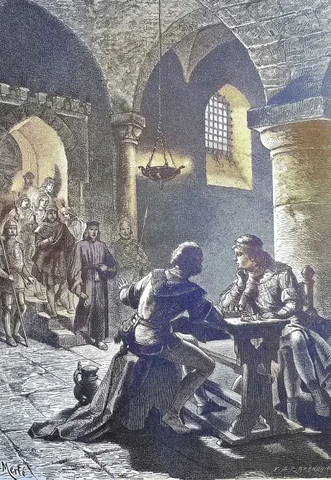 Framed Print : Konradin of Swabia and his friend Frederick of Baden sitting in the dungeon playing chess