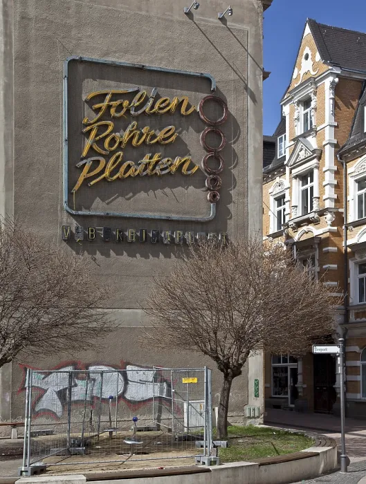 Framed Print : Kothen Anhalt Schalaunische StraBe 74578 Gable with neon sign from the 1970s for VEB ORBITAPLAST Framed Print : Kothen Anhalt Schalaunische StraBe 74578 Gable with neon sign from the 1970s for VEB ORBITAPLAST