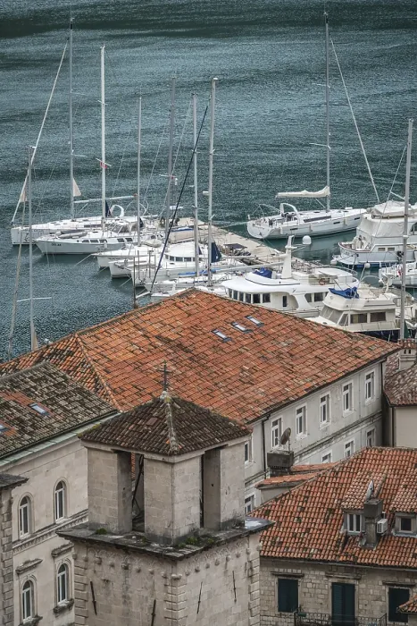Framed Print : Kotor, Montenegro - April 2018 : Houses and marina in Kotor town