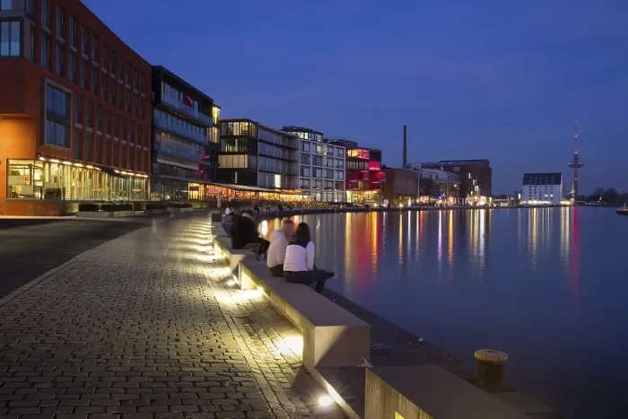 Framed Print : Kreativkai, City harbour, dusk Framed Print : Kreativkai, City harbour, dusk