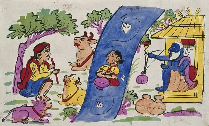 Framed Print : Krishna playing his flute for the cows and Radha immersed in the river while an old man smoking a hookah looks Framed Print : Krishna playing his flute for the cows and Radha immersed in the river while an old man smoking a hookah looks