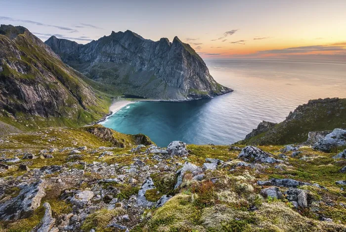 Framed Print : Kvalvika beach between the Lofoten mountains