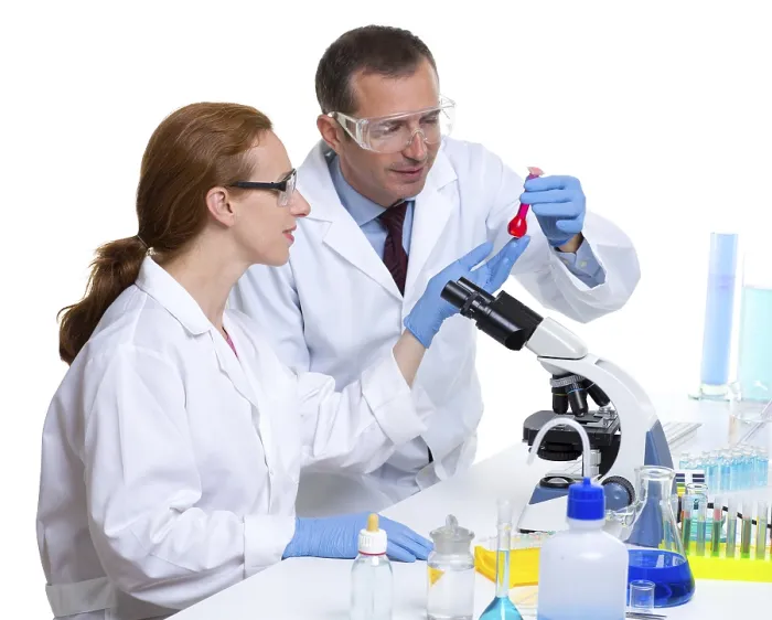 Framed Print : Laboratory with two scientist working with test tubes flask and microscope Framed Print : Laboratory with two scientist working with test tubes flask and microscope
