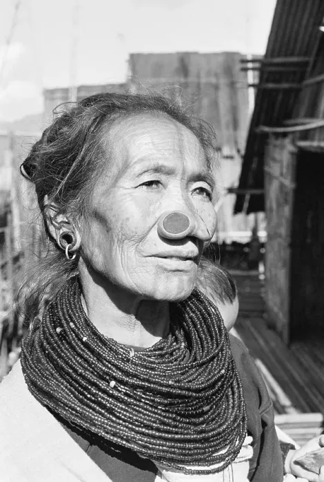 Framed Print : Lady of Apa Tani tribe in Lower subans iri adorned with bead garland nose plugged with bamboo ornament 1982, Arunachal Prades h