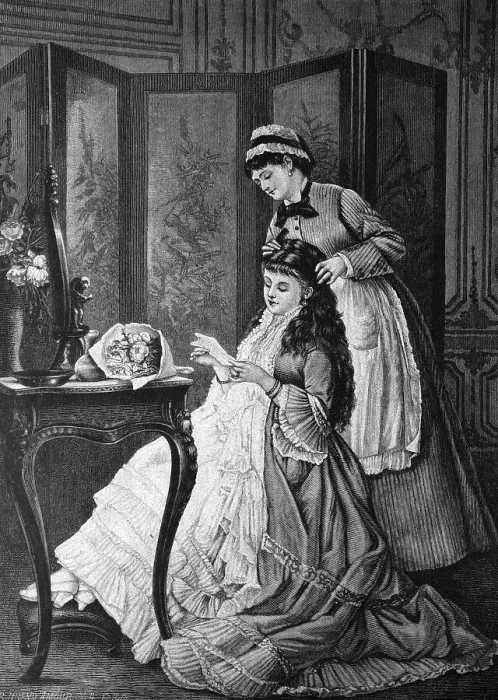 Framed Print : A Lady and her curious chambermaid Framed Print : A Lady and her curious chambermaid