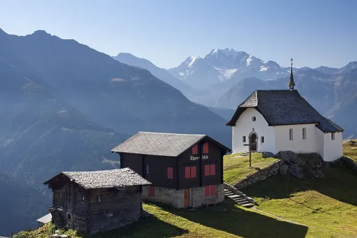 Framed Print : Lady of the Snows Chapel on Bettmeralp Mountain above the Rhone Valley Framed Print : Lady of the Snows Chapel on Bettmeralp Mountain above the Rhone Valley