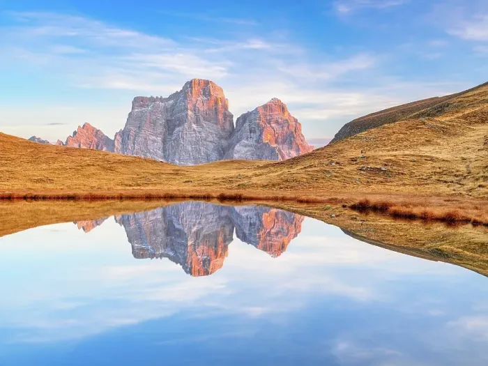 Framed Print : Laghetto di Baste, Belluno, Pelmo Massif, sunset, Mondeval Plateau, Passo di Giau, Dolomites, autumn, reflection, blue sky Framed Print : Laghetto di Baste, Belluno, Pelmo Massif, sunset, Mondeval Plateau, Passo di Giau, Dolomites, autumn, reflection, blue sky