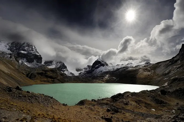 Framed Print : Lagoon with the Andes Mountains and dramatic clouds Framed Print : Lagoon with the Andes Mountains and dramatic clouds