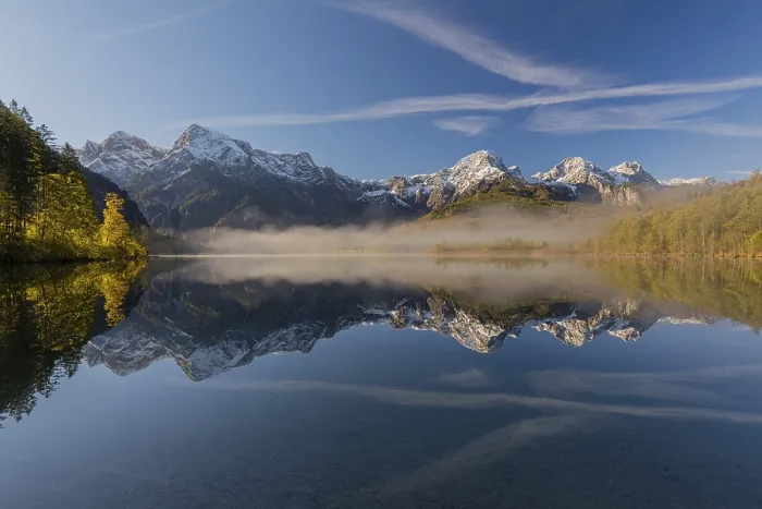 Framed Print : Lake Almsee in autumn with a forest and mountains reflected in the lake Framed Print : Lake Almsee in autumn with a forest and mountains reflected in the lake