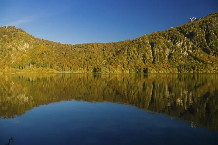 Framed Print : Lake Almsee in autumn with mountains reflected in the lake Framed Print : Lake Almsee in autumn with mountains reflected in the lake