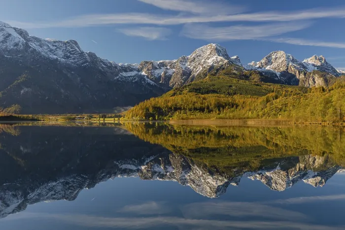 Framed Print : Lake Almsee in autumn with mountains reflected in the lake Framed Print : Lake Almsee in autumn with mountains reflected in the lake
