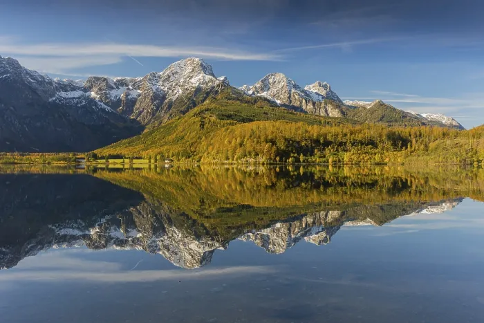 Framed Print : Lake Almsee in autumn with mountains reflected in the lake Framed Print : Lake Almsee in autumn with mountains reflected in the lake