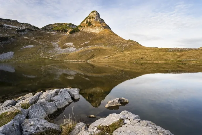 Framed Print : Lake Augstsee and the Atterkogel mountain on the Loser