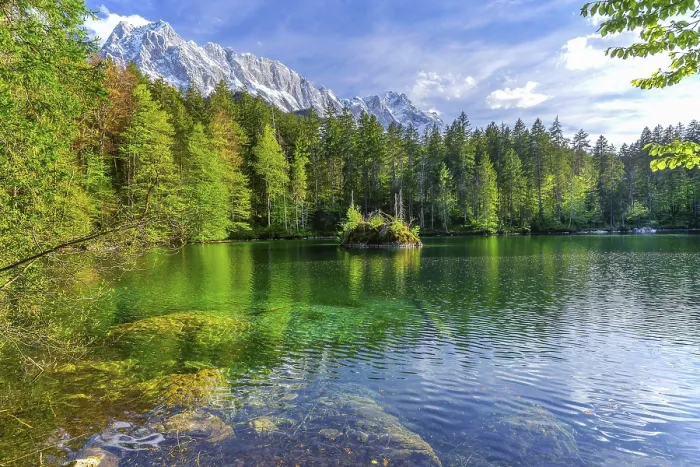Framed Print : Lake Badersee in spring with Zugspitze group 2962m in the Wetterstein mountains