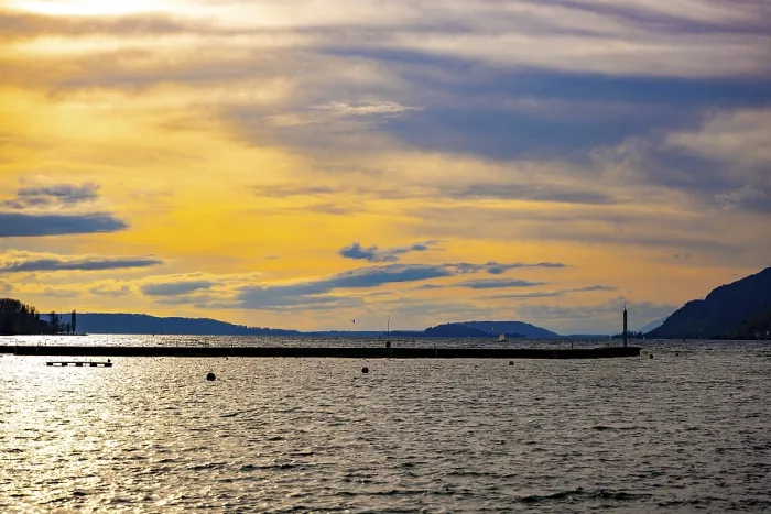 Framed Print : Lake Biel with Boat and Windsurfing in Sunset in Biel Framed Print : Lake Biel with Boat and Windsurfing in Sunset in Biel