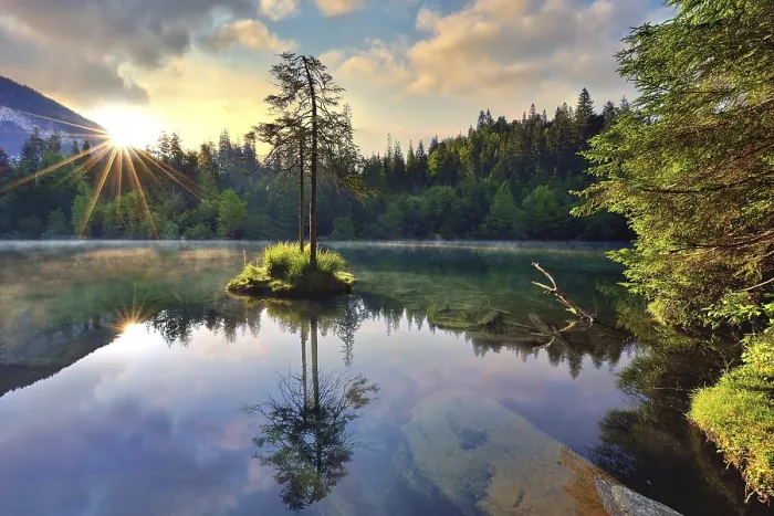 Framed Print : Lake Crestasee at sunrise, water reflection
