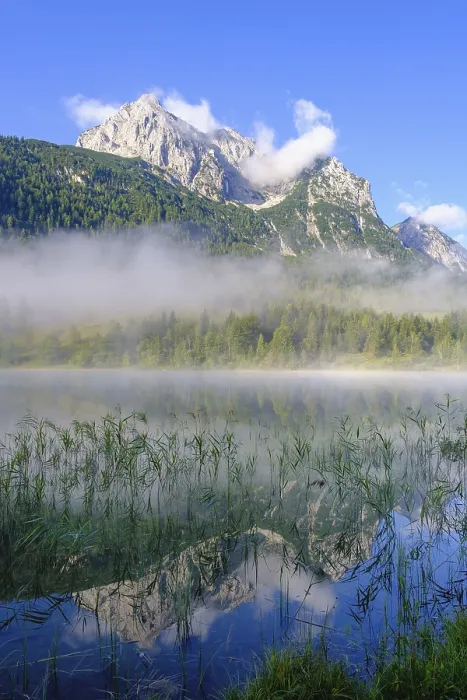 Framed Print : Lake Ferchensee and Wettersteinspitze with early fog Framed Print : Lake Ferchensee and Wettersteinspitze with early fog