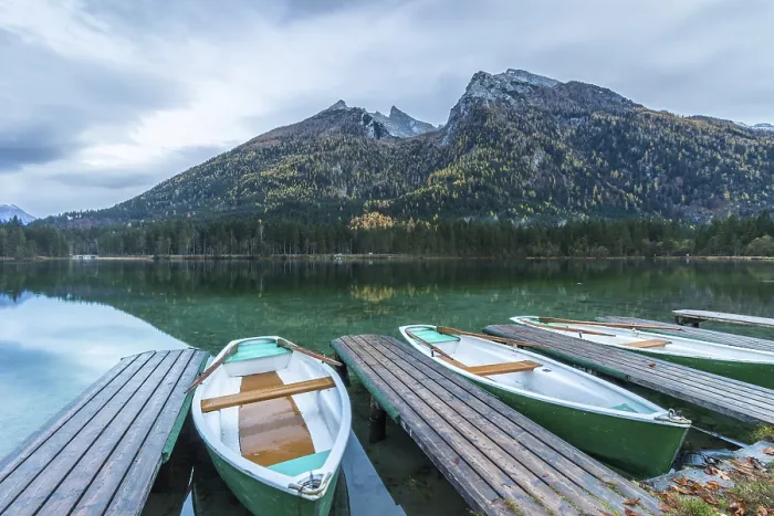 Framed Print : Lake Hintersee, boats, Watzmann mountain and cloudy sky Framed Print : Lake Hintersee, boats, Watzmann mountain and cloudy sky