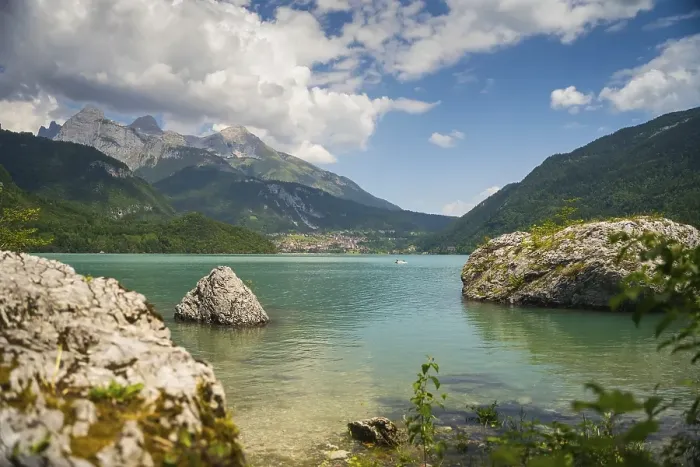 Framed Print : Lake Molveno is nestled between mountains in the Dolomites Framed Print : Lake Molveno is nestled between mountains in the Dolomites