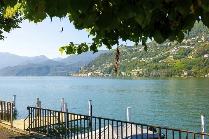 Framed Print : Lake and Mountain View with Tree Branch over Morcote in a Sunny Summer Day on Lake Lugano in Morcote