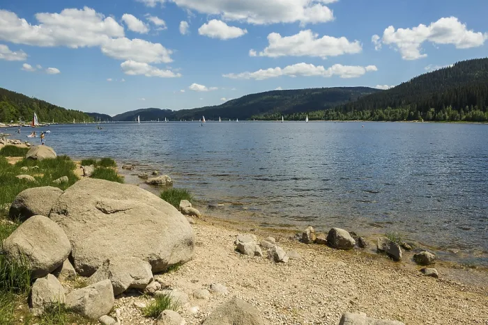 Framed Print : Lake in the mountains and beach in summer